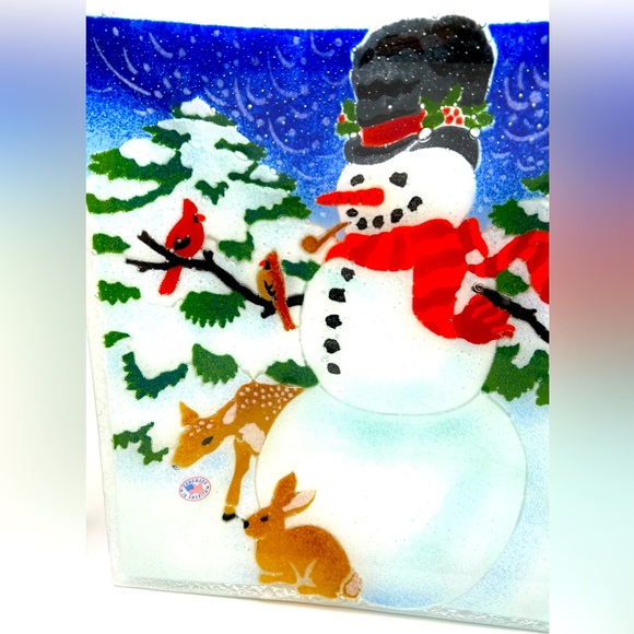 Peggy Karr Art Fused Glass Winter Snowman Cardinal Birds Square Platter 13 in - Picture 2 of 9